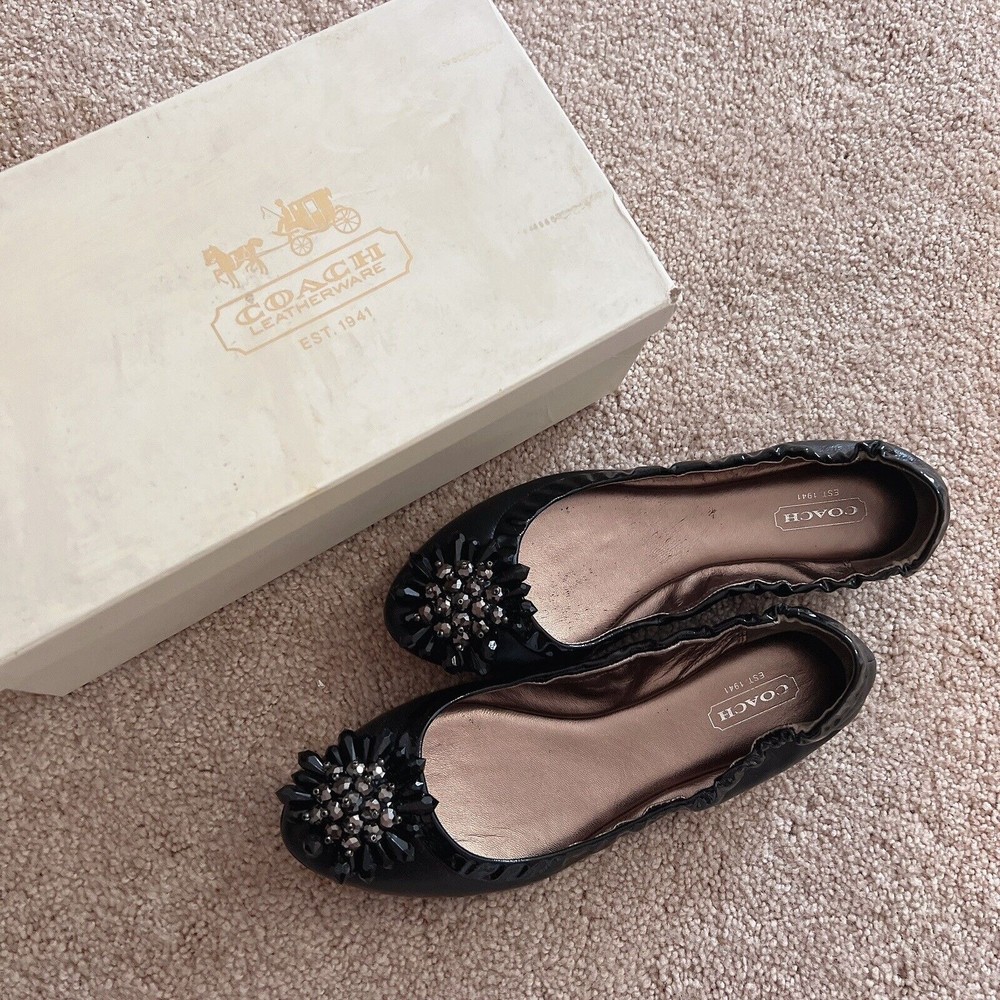Coach 'Melanie' Women’s Black Leather Jeweled/Beaded Ballet Flats Size: 7 NWB